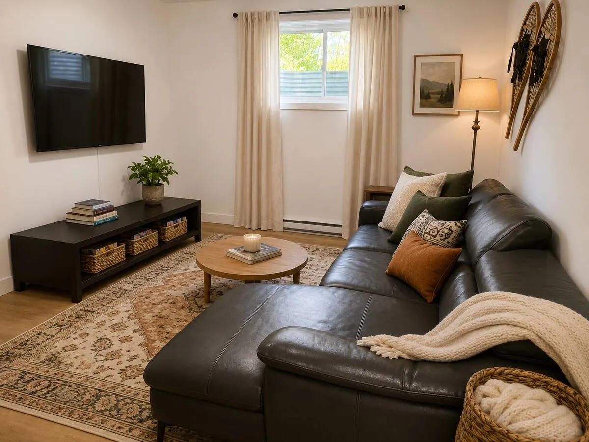 A TV lounge with a dark leather sectional, a patterned rug and a pair of snowshoes on the wall