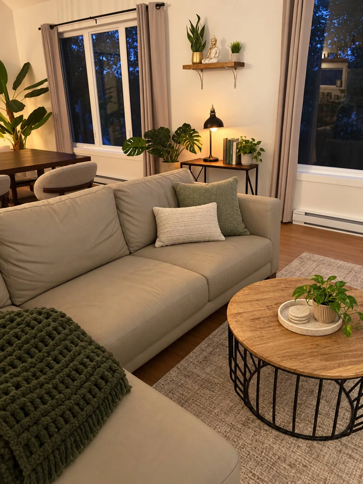 A bright living room with a grey sofa, a round wooden coffee table and green plants