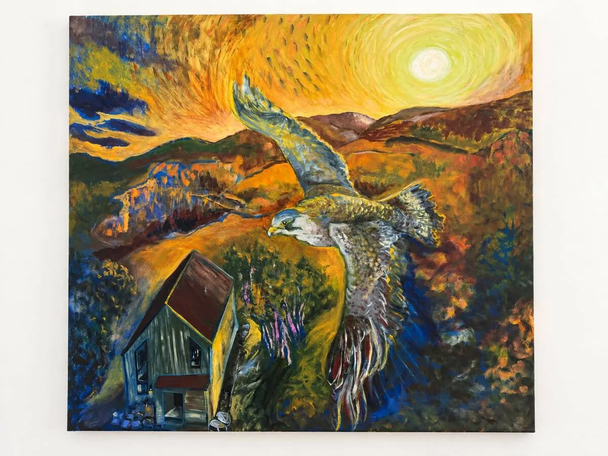 A colourful Québec landscape painting with an owl in flight
